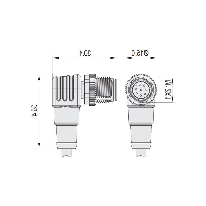 M12 8Pin, male 90°, single-end precast PVC non-flexible cable, gray sheathed, 64S8R5-XXX